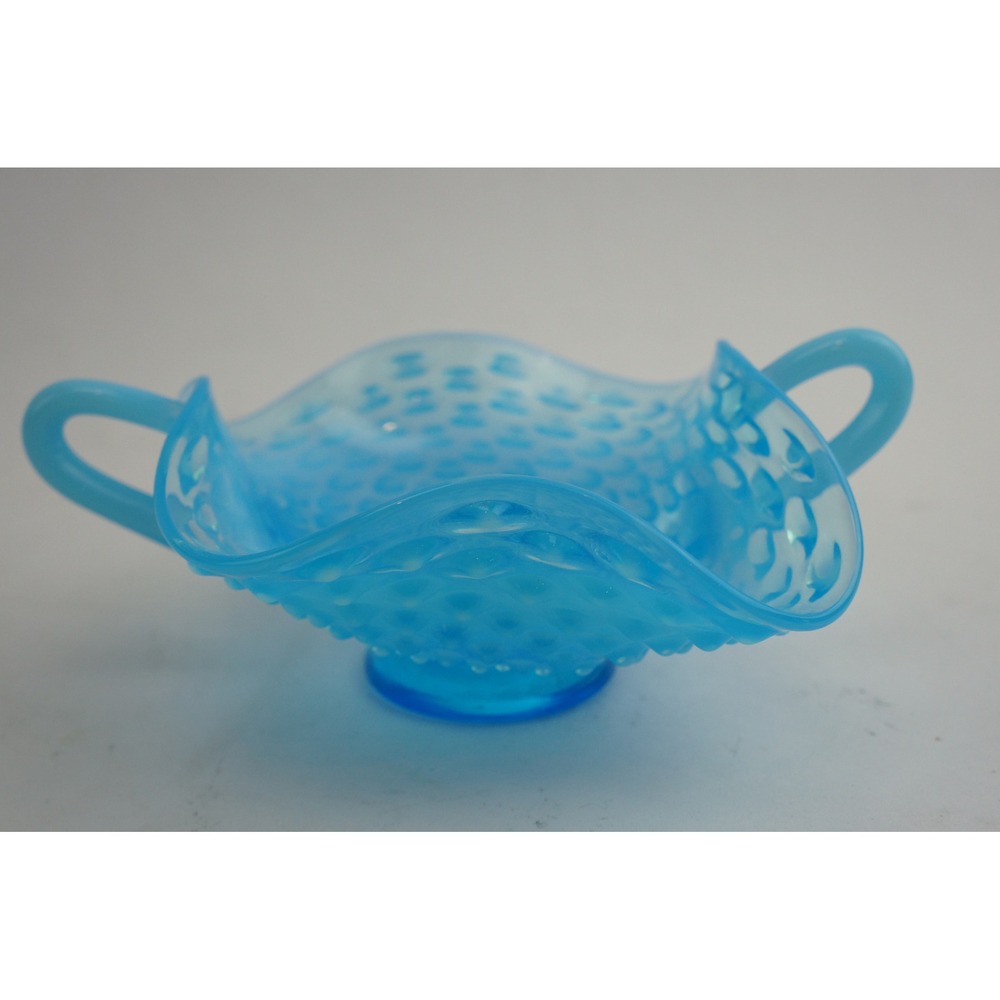 Fenton Hobnail Bonbon Trinket Dish Blue Opalescent Ruffled Glass EUC